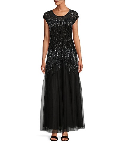 Pisarro Nights Beaded Mesh Ombre Crew Neck Short Flutter Sleeves A-Line Gown