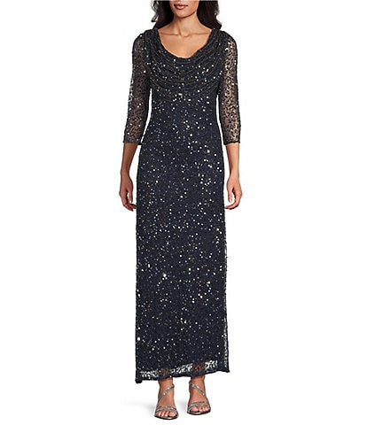 Pisarro Nights Draped Neck 3/4 Sleeve Beaded Mesh Column Gown