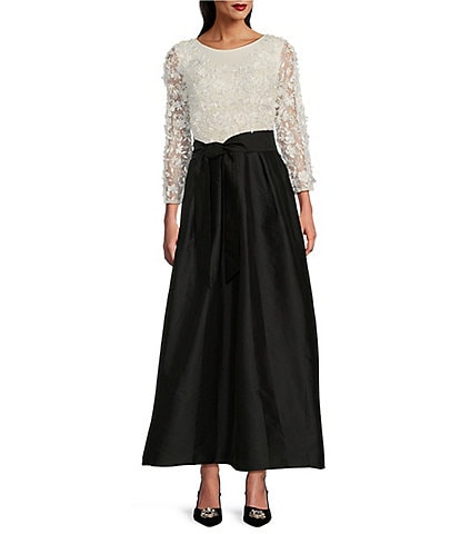 Pisarro Nights Petite Size 3D Floral Beaded Crew Neck 3/4 Sleeve Taffeta Skirt with Tie Sash Ball Gown