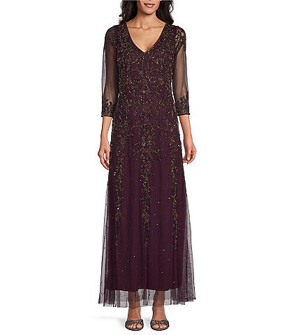 Pisarro Nights Petite Size Beaded Mesh V-Neck 3/4 Sleeve Gown