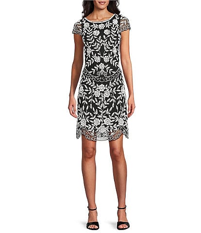 Pisarro Nights Petite Size Boat Neck Cap Sleeve Beaded Short Sheath Dress