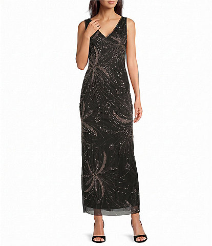 Pisarro Nights Petite Size Firework Pattern Sleeveless V Neck Beaded Gown