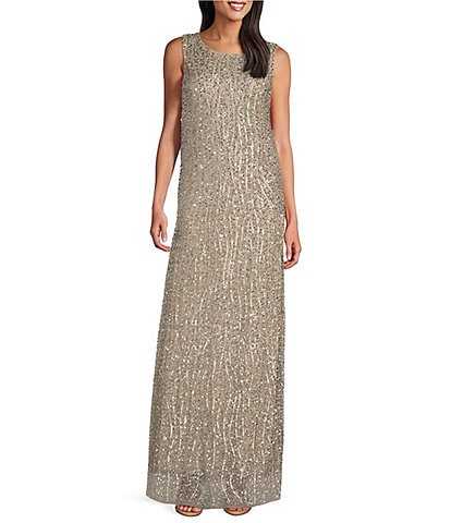 Pisarro Nights Petite Size Sequin Mesh Crew Neck Sleeveless Sheath Dress