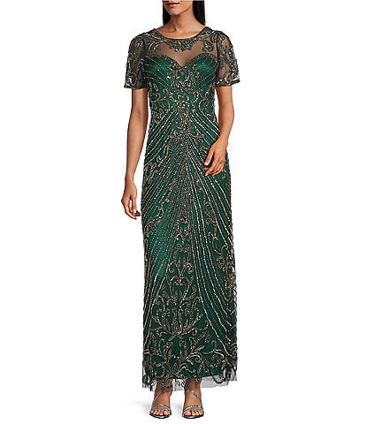 Pisarro Nights Petite Size Short Sleeve Beaded Gown