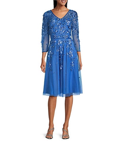 Pisarro Nights Petite Size V-Neck 3/4 Sleeve Beaded Mesh Floral Embroidered Midi Dress