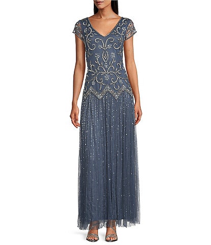Pisarro Nights Petite Size V-Neck Cap Sleeve Beaded Sheath Gown