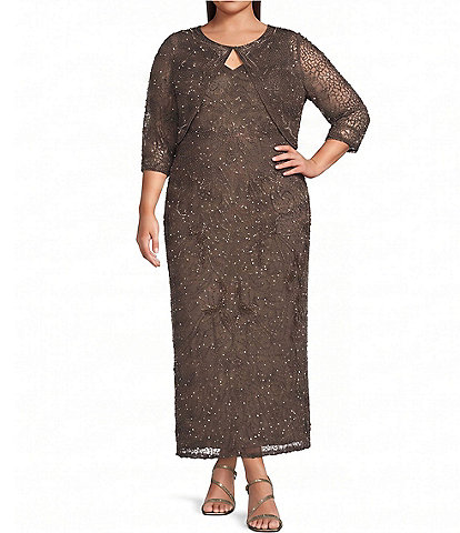 Pisarro Nights Plus Size All Over Beaded Mesh Jacket Dress