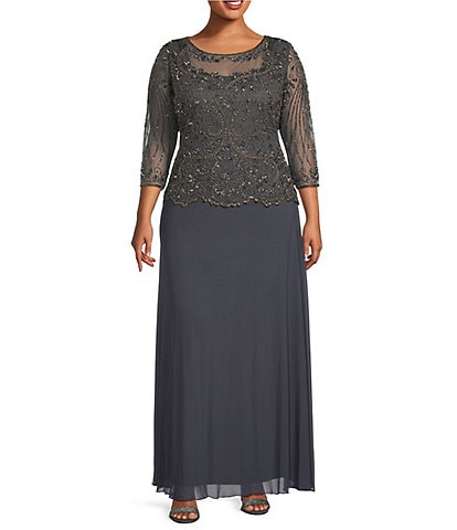 Pisarro Nights Plus Size Beaded Bodice Illusion Boat Neck 3/4 Sleeve A-Line Gown
