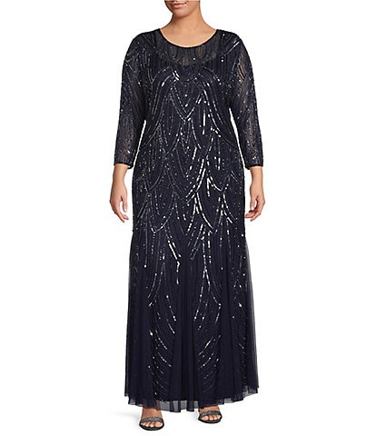 Pisarro Nights Plus Size Beaded Mesh 3/4 Sleeve A-Line Gown