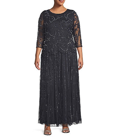 Pisarro Nights Plus Size Scoop Neck 3/4 Sleeve Beaded Dress