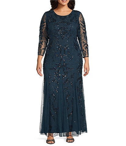 Pisarro Nights Plus Size Beaded Sequin Boat Neck Illusion 3/4 Sleeve Gown