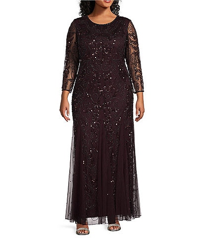 Pisarro Nights Plus Size Beaded Sequin Boat Neck Illusion 3/4 Sleeve Gown