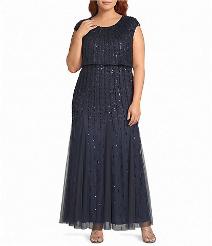 Pisarro Nights Plus Size Cap Sleeve Beaded Mesh Blouson Dress