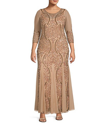 Pisarro Nights Plus Size Illusion Scoop Neck 3/4 Sleeve Lined Beaded Mesh Godet Gown