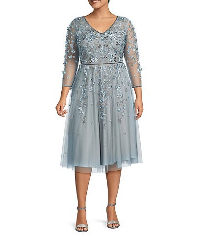 Pisarro Nights Plus Size V-Neck 3/4 Sleeve Beaded Mesh Floral Embroidered Midi Dress