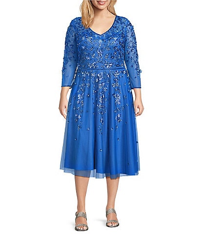 Pisarro Nights Plus Size V-Neck 3/4 Sleeve Beaded Mesh Floral Embroidered Midi Dress
