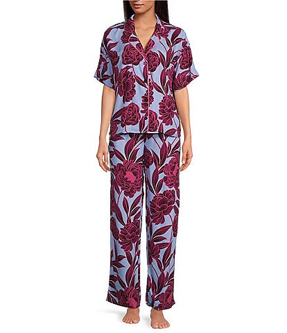 PJ Salvage Botanical Print Short Sleeve Notch Collar Woven Sateen Pajama Set