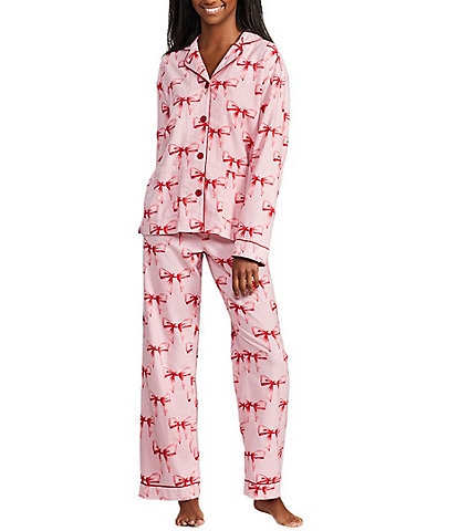 PJ Salvage Bow Print "Hello Beautiful" Embroidered Long Sleeve Notch Collar Flannel Pajama & Headband Holiday Set