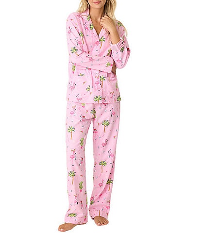 PJ Salvage Flamingo Print #double;Let's Jingle & Flamingle#double; Embroidered Long Sleeve Notch Collar Flannel Pajama & Headband Holiday Set