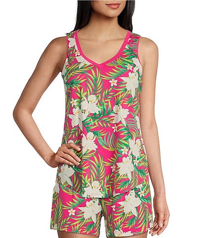 PJ Salvage Floral Palm Print Sleeveless V-Neck Coordinating Jersey Knit Sleep Tank