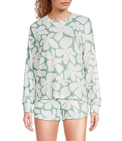 PJ Salvage Floral Print Long Sleeve Crew Neck Peachy Knit Coordinating Sleep Top