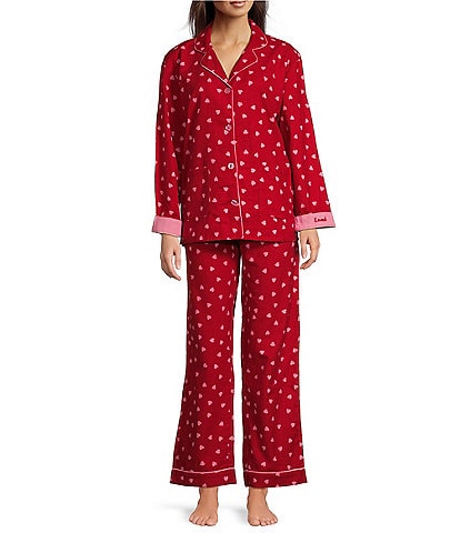 PJ Salvage Heart Print "Loved" Embroidered Long Sleeve Notch Collar Flannel Pajama & Headband Holiday Set