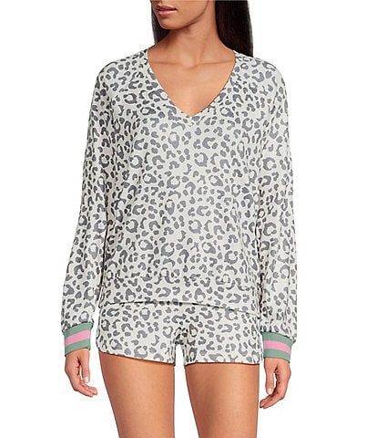 PJ Salvage Leopard Print Long Sleeve V-Neck Peachy Knit Coordinating Sleep Top