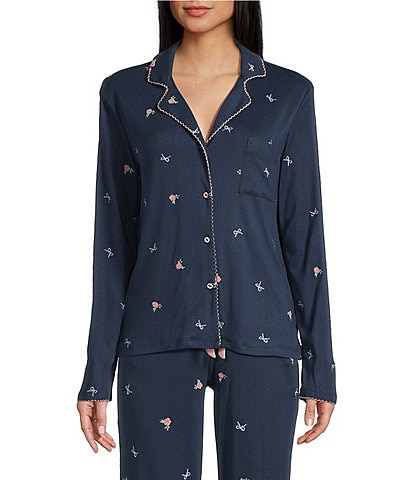 Pj Salvage Long Sleeve Notch Collar Double Brushed Pointelle Rose Print Coordinating Sleep Top