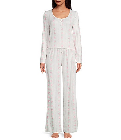 PJ Salvage Long Sleeve Scoop Neck Double Brushed Pointelle Floral Stripe Long Pajama Set