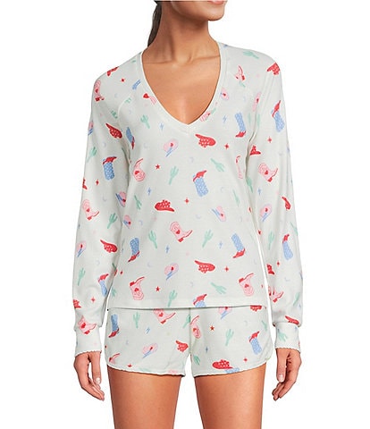 PJ Salvage Long Sleeve V-Neck Peachy Waffle Knit Western Print Coordinating Sleep Top