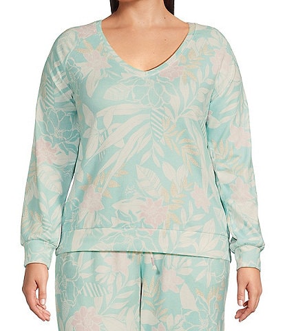 PJ Salvage Plus Size Long Sleeve V-Neck Peachy Knit Floral Print Coordinating Sleep Top