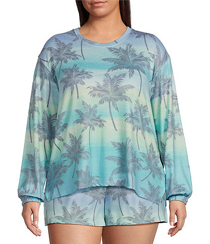 PJ Salvage Plus Size Peachy Knit Palm Ombre Print Long Sleeve Crew Neck Coordinating Sleep Top