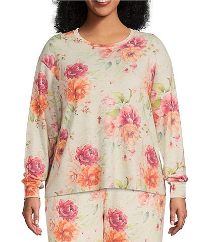 PJ Salvage Plus Size Soft Peachy Knit Floral Print Long Sleeve Coordinating Sleep Top