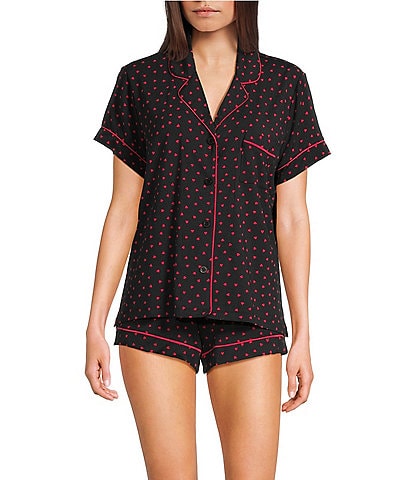 PJ Salvage Short Sleeve Notch Collar Jersey Knit Heart Print Shorty Pajama Set With Coordinating Heart Eye Mask