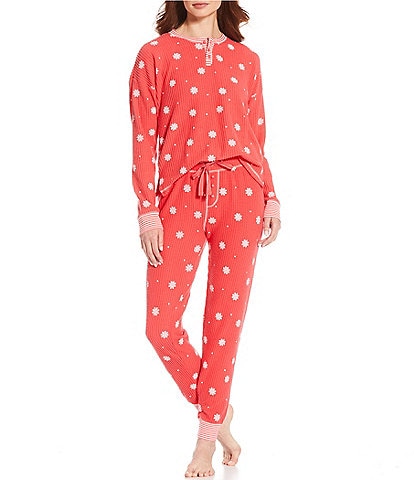 PJ Salvage Snowflake Print Long Sleeve Split Neck Knit Long Pajama Set