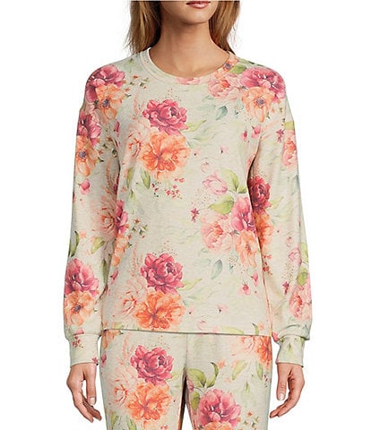 PJ Salvage Soft Peachy Knit Floral Print Long Sleeve Coordinating Sleep Top