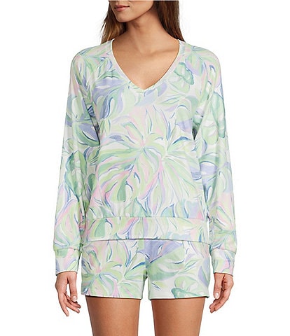 PJ Salvage Tropical Palm Long Sleeve V-Neck Peachy Knit Coordinating Sleep Top