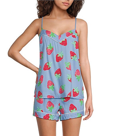 PJ Salvage Woven Sateen Sleeveless V-Neck Strawberry Fruit Print Coordinating Sleep Top