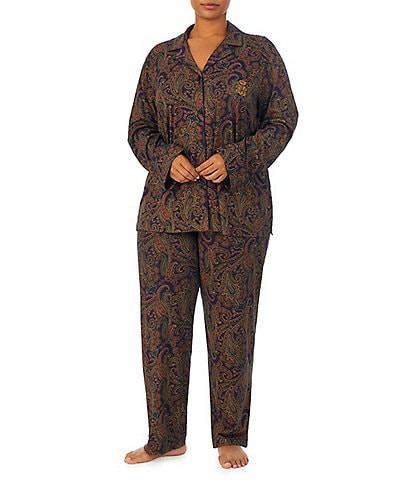 Laruen Ralph Lauren Plus Size Long Sleeve Notch Collar Long Pant Cozy Knit Paisley Print Holiday Pajama Set