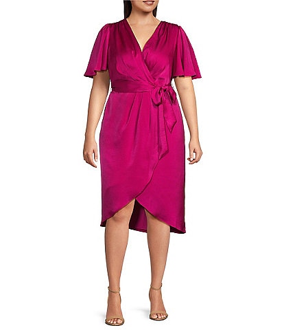 Plus Size Satin V-Neck Short Flutter Sleeve Midi Wrap Dress