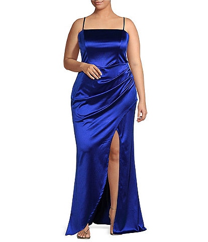 Plus Size Square Neck Pleated Wrap Front Slit Gown