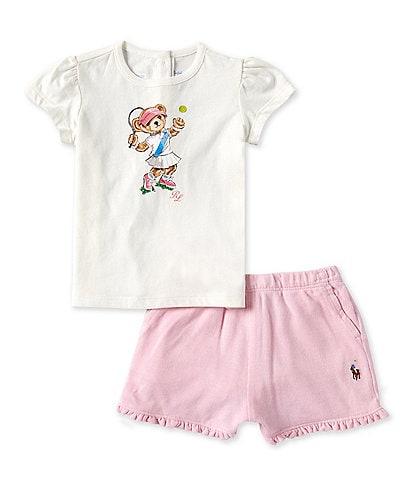 Polo Ralph Lauren Baby Girls 3-24 Months Puffed Sleeve Polo Bear Jersey T-Shirt & Mesh Short Set