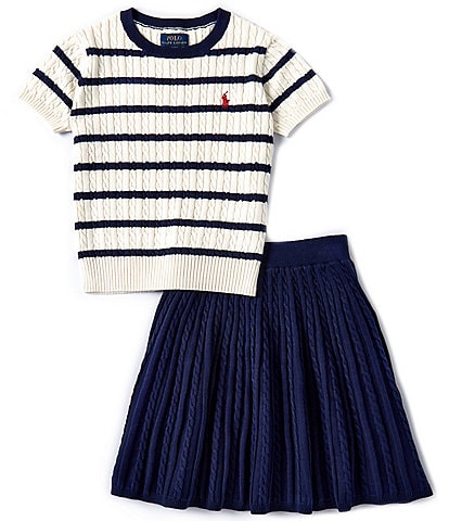 Polo Ralph Lauren Big Girls 7-16 Puffed-Sleeve Striped Mini-Cable-Knit Sweater & Solid Skirt Set