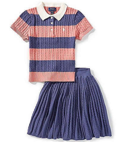 Polo Ralph Lauren Big Girls 7-16 Short Sleeve Striped Mini-Cable Polo Sweater & Solid Skirt Set