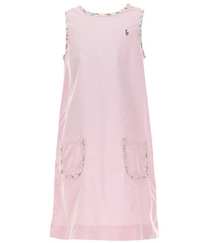 Polo Ralph Lauren Big Girls Sleeveless Floral-Trim Oxford Shift Dress