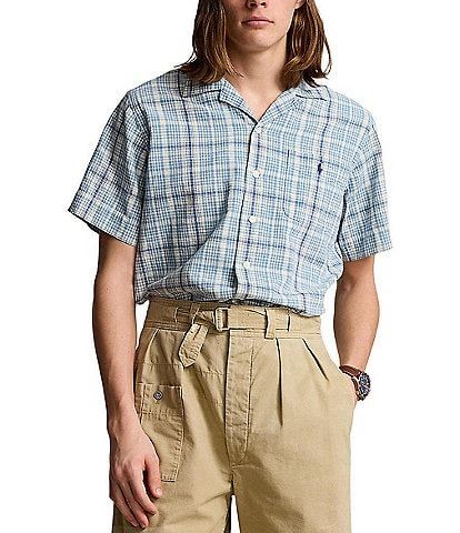 Polo Ralph Lauren Classic Fit Plaid Linen-Blend Short Sleeve Woven Camp Shirt