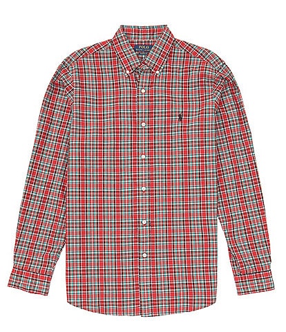 Classic Fit Plaid Washed Poplin Long Sleeve Woven Shirt