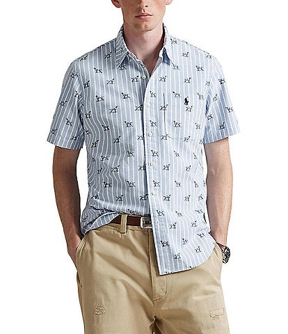 Polo Ralph Lauren Classic Fit Stripe Dog Print Short Sleeve Woven Shirt