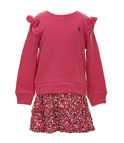 Polo Ralph Lauren Little Girls 2T-6X Long Sleeve Fleece/Floral Woven-Skirted Fit-And-Flare Dress