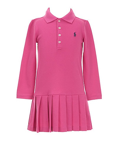 Polo Ralph Lauren Little Girls 2T-6X Long Sleeve Pleated Stretch Mesh Drop-Waist Dress